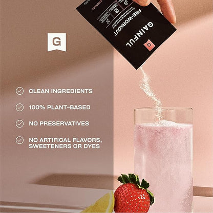Gainful Pre Workout Powder with Natural Caffeine & L Theanine for Energy & Focus, L Citrulline & Beta Alanine for Endurance, BCAA's for Muscle Recovery, Vegan, Strawberry Lemonade, 10 Ct