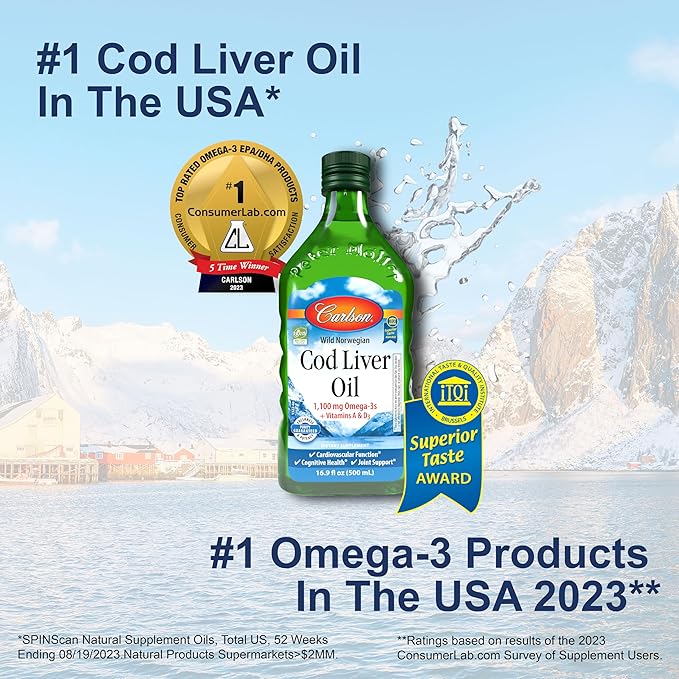 Carlson - Cod Liver Oil, 1100 mg Omega-3s, Wild-Caught Norwegian Arctic Cod-Liver Oil, Sustainably Sourced Nordic Fish Oil Liquid, Unflavored, 500 ml (16.9 Fl Oz)
