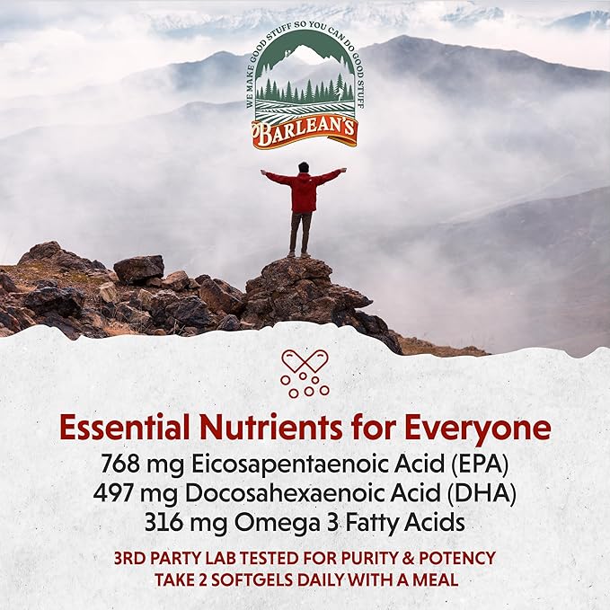 Barlean's Fish Oil Omega 3 Supplement, High Potency Ultra EPA DHA Fatty Acid Softgels for Joint, Brain, & Heart Health, 1000mg Orange Flavored Fish Oil Pills, 60 Count