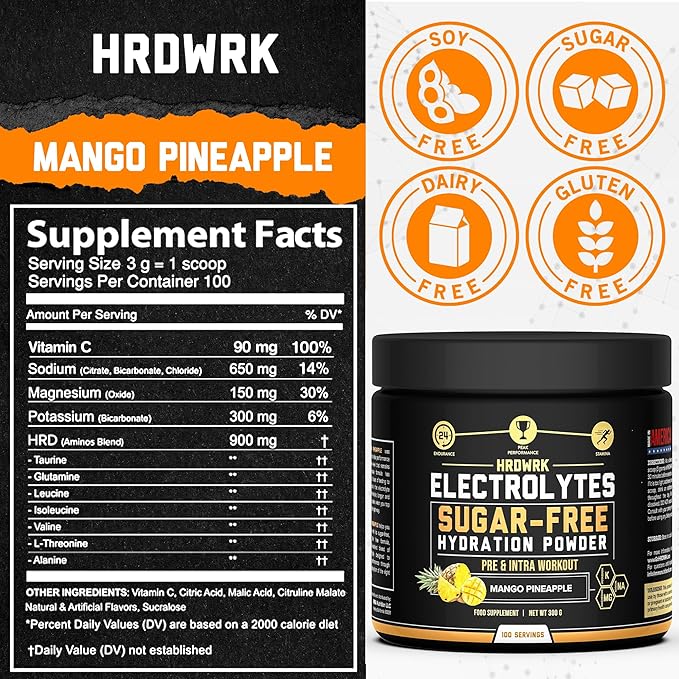 HRDWRK Electrolytes Powder with Magnesium, Potassium - Sugar Free Electrolytes Boost Endurance and Reduce Fatigue with This Electrolytes Supplement - Maximum Hydration - Keto Friendly