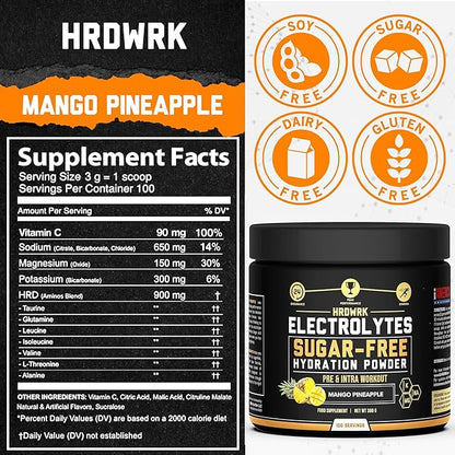HRDWRK Electrolytes Powder with Magnesium, Potassium - Sugar Free Electrolytes Boost Endurance and Reduce Fatigue with This Electrolytes Supplement - Maximum Hydration - Keto Friendly