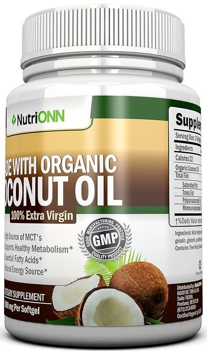 ORGANIC COCONUT OIL Capsules - 180 Softgels - 4000 MG Daily - Cold-Pressed Extra Virgin Coconut Oil - Certified USDA Organic - Great For Hair, Skin And Acne