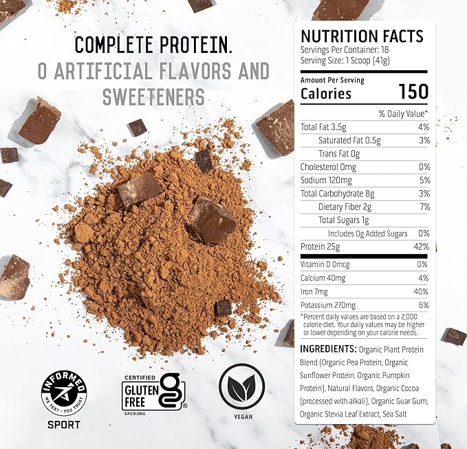 Ascent Plant Based Protein Powder - Non Dairy Vegan Protein, Zero Artificial Ingredients, Soy & Gluten Free, No Added Sugar, 4g BCAA, 2g Leucine - Chocolate, 18 Servings