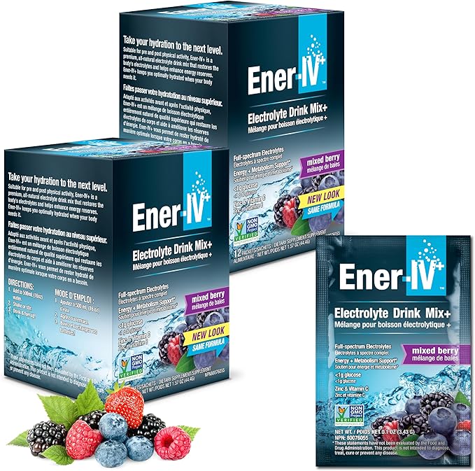 Ener-IV Electrolyte Hydration & Energy Drink Potassium Vitamin C & Zinc Electrolytes Powder Packets - Muscle Recovery & Immunity Sports Drinks for Women & Men Low Sugar Vegan, Mixed Berry - 24 Count