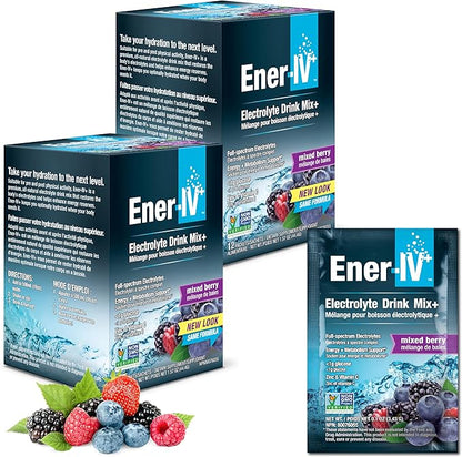 Ener-IV Electrolyte Hydration & Energy Drink Potassium Vitamin C & Zinc Electrolytes Powder Packets - Muscle Recovery & Immunity Sports Drinks for Women & Men Low Sugar Vegan, Mixed Berry - 24 Count