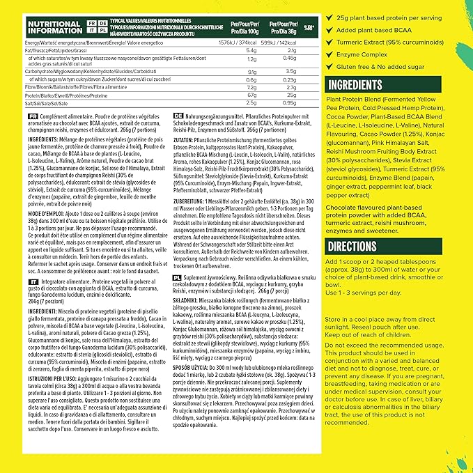 Vivo life Perform Plant Protein Powder - Raw Cacao, Vegan, 7 Servings - 266g / 9.38oz, BCAA Pea & Hemp Blend