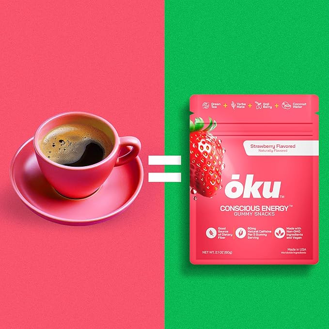 ōku Conscious Energy Gummy Snacks – Natural Caffeine from Green Tea & Yerba Mate, Vegan, Clean Ingredients, Gluten-Free, Focused Energy, Antioxidants & Fiber, Strawberry Pack of 12