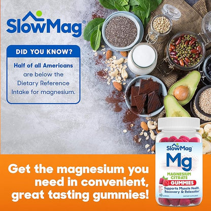 SlowMag Magnesium Citrate Gummies - Supports Muscle Health, Recovery & Relaxation, Natural Berry Flavored, 60 Count Pack of 2