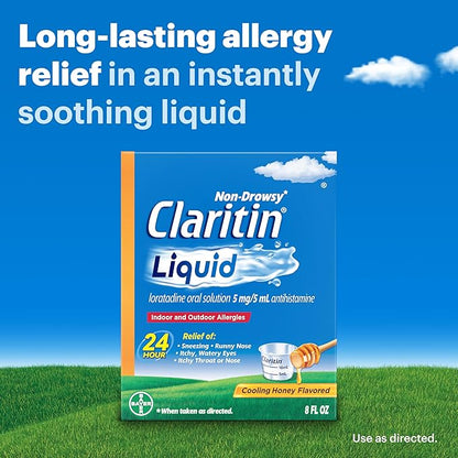 Claritin New Cooling Honey Flavored Liquid, 24hr Non-Drowsy Allergy Medicine for Adults — Instantly Soothing Liquid for Relief of Sneezing, Runny Nose, Watery Eyes and Itchy Throat 8 oz