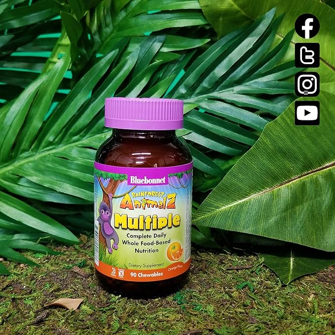 Bluebonnet Nutrition Rainforest Animalz Whole Food Based Multiple Chewable Tablet, Kids Multivitamin & Mineral, Vitamin C, D3, Iron, Gluten Free, Milk Free, Kosher, 180 Chewable Tablets, Orange Flavor