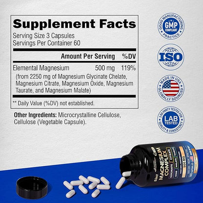 Magnesium Supplement - 5 in 1 Complex | Glycinate | Citrate | Malate | Taurate | Oxide - Made in USA - Stress, Muscle & Heart Support - Vegan, Natural, Non-GMO - 180 Capsules, 2 Month Supply