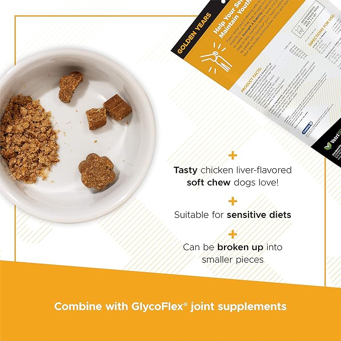 VetriScience Golden Years Strength and Stability Hip and Joint Chews for Senior Dogs, Chicken, 60 Chews - Limping, Mobility, Running and Jumping Support for Senior Dogs