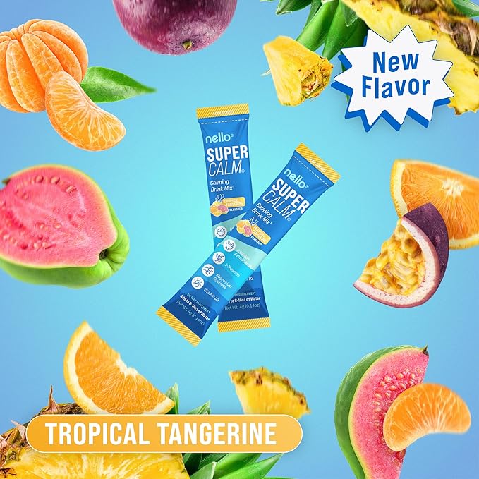 Nello Supercalm Powdered Drink Mix, Tropical Tangerine, L Theanine, Ksm-66 Ashwagandha, Magnesium Glycinate, Vitamin D 3, Supplements for Relaxation & Focus, Natural, No Sugar, Non GMO, Vegan, 20 Srvg