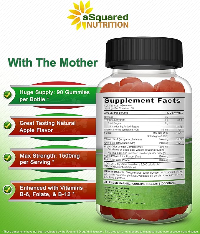 aSquared Nutrition Apple Cider Vinegar Gummies - 1500mg with The Mother - 90 ACV Gummies w/Vitamin B6 & B12, Folic Acid - Vegan Gummy Supplement Alternative to Capsules Pills & Drink