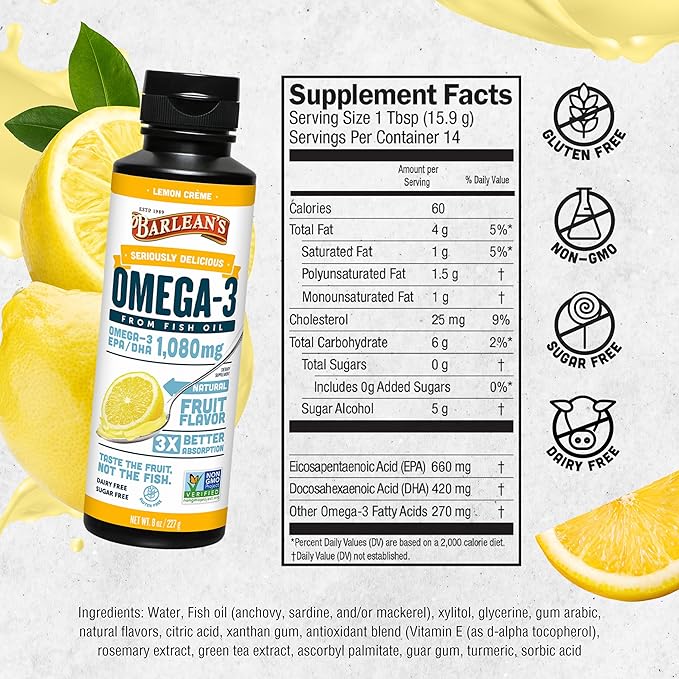 Barlean's Lemon Crème Omega 3 Fish Oil Liquid Supplement, 1080mg of Omega 3 EPA & DHA Fatty Acid, Smoothie Flavored & Burpless for Brain, Joint, & Heart Health, 8 oz