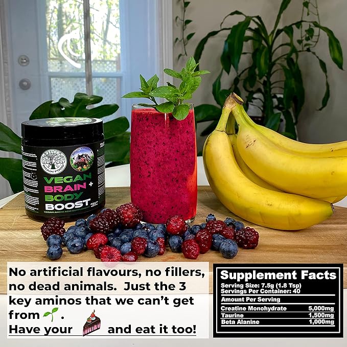 Vegan Brain & Body Boost: The Cherry On Top of A Plant-Based Lifestyle | Working Intelligence | Anti-Aging | Physical Fitness | Vegan Amino Acids - Creatine, Taurine & Beta Alanine | 40 Servings/300g