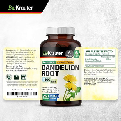 BIO KRAUTER Dandelion Root Capsules - 1800 mg Strength - 250 Count - Dandelion Root Supplement - Vegan Dandelion Powder Capsules for Digestion, Liver Support, Cleansing and Immunity