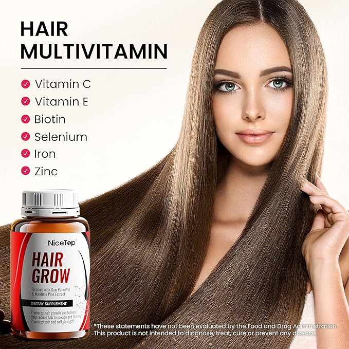 Hair Growth Supplement, Hair Care Support for Strength, Thickness Growth, with Biotin, Vitamin A, C, E, Zinc, 60 Capsules