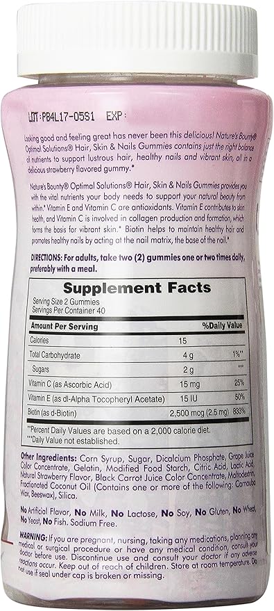 Natures Bounty Optimal Solutions, Hair, Skin & Nails Gummies with Biotin 80 Count (Pack of 2)