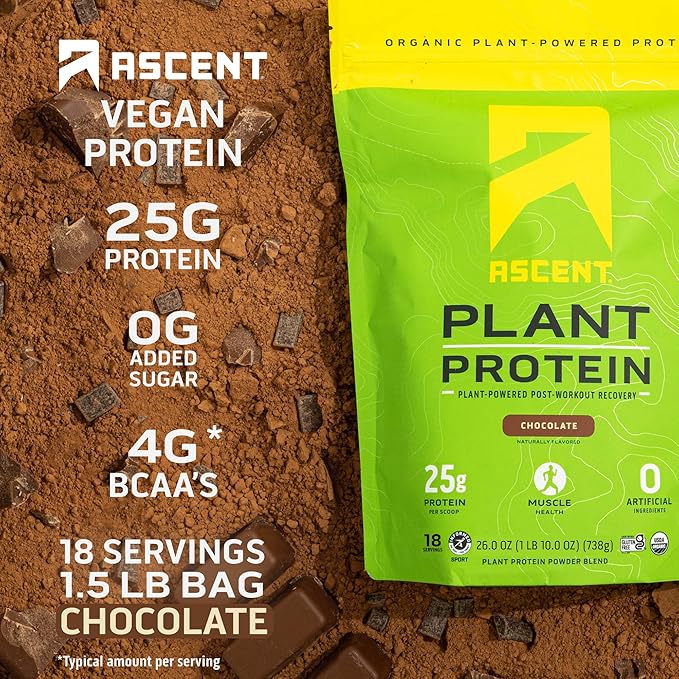 Ascent Plant Based Protein Powder - Non Dairy Vegan Protein, Zero Artificial Ingredients, Soy & Gluten Free, No Added Sugar, 4g BCAA, 2g Leucine - Chocolate, 18 Servings