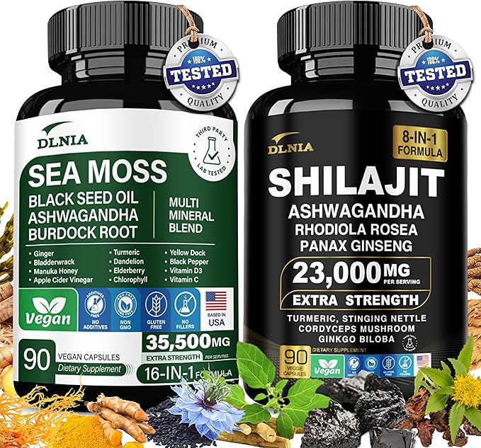 Shilajit 9000mg, Sea Moss 17500mg, Ginger & Black Seed Oil 4000mg, Ashwagandha 5000mg, Rhodiola Rosea, 1000mg Panax Ginseng 1500mg, All in 1 Supplement - Sea Moss & Shilajit Vitality Bundle