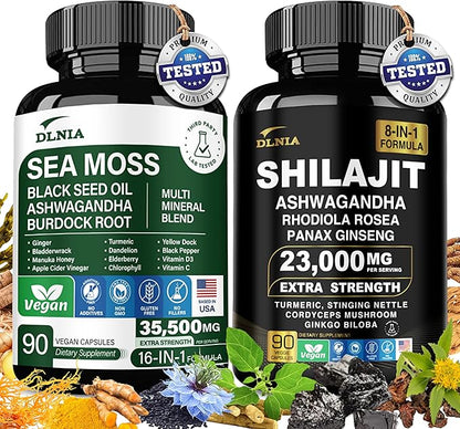 Shilajit 9000mg, Sea Moss 17500mg, Ginger & Black Seed Oil 4000mg, Ashwagandha 5000mg, Rhodiola Rosea, 1000mg Panax Ginseng 1500mg, All in 1 Supplement - Sea Moss & Shilajit Vitality Bundle