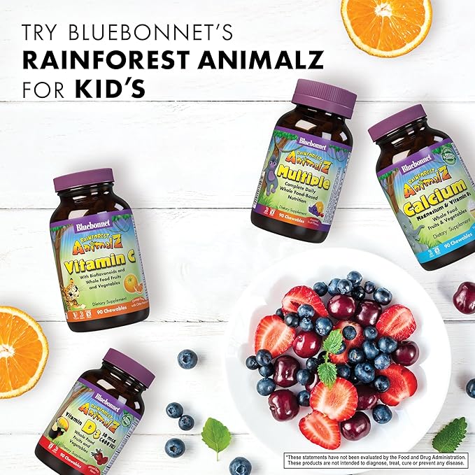 Bluebonnet Nutrition Rainforest Animalz Whole Food Based Multiple Chewable Tablet, Kids Multivitamin & Mineral, Vitamin C, D3, Iron, Gluten Free, Milk Free, Kosher, 180 Chewable Tablets, Mixed Flavor