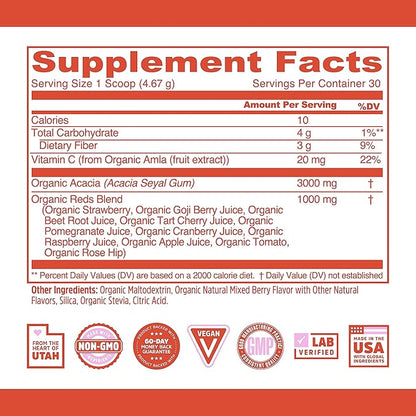 Zhou Nutrition USDA Organic Reds Antioxidant Superfood Powder, Vitamin C, Organic Tart Cherry, Beetroot, Cranberry, Goji Berry and More, Fiber, Immune Support, Non-GMO, Vegan, 30 Servings