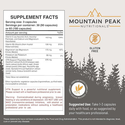 Mountain Peak Nutritionals HTN Support - Organ Supplement - Helps Maintain Healthy Blood Pressure & Cardiovascular System - w/Rauwolfia & Magnesium - Hypoallergenic Dietary Supplement (90 Capsules)