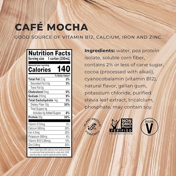 Evolve Plant Based Protein Shake, Café Mocha, 20g Vegan Protein, Dairy Free, No Artificial Sweeteners, Non-GMO, 10g Fiber, 11oz, (12 Pack) (Formula May Vary)
