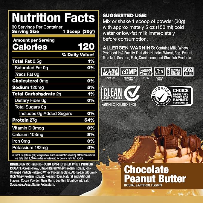ALLMAX ISOFLEX Whey Protein Isolate, Chocolate Peanut Butter - 2 lb - 27 Grams of Protein Per Scoop - Zero Fat & Sugar - 99% Lactose Free - Gluten Free & Soy Free - Approx. 30 Servings