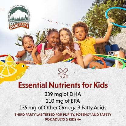 Barlean's Omega Pals Chirpin' Slurpin' Omega 3 for Kids, Yummy Lemonade Flavored Children's Liquid Fish Oil Supplement with 540 mg of EPA & DHA for Brain & Eye Health, 8 oz