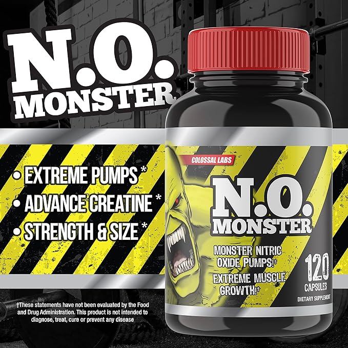 N.O. Monster Nitric Oxide Booster with L-Arginine – Extreme Pumps for Strength, Muscle Growth, Pre-Workout Support – Boost Energy, Stamina & Endurance – 120 Capsules, Made in The USA