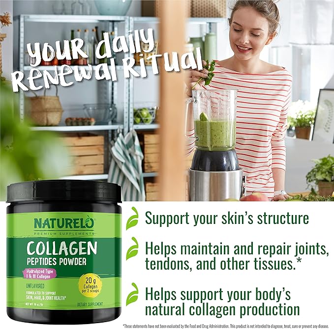 NATURELO Collagen Peptide Powder, Hydrolyzed Collagen Type I & III, Skin Hair & Joint Health - Unflavored, 16 Ounces | 45 Servings