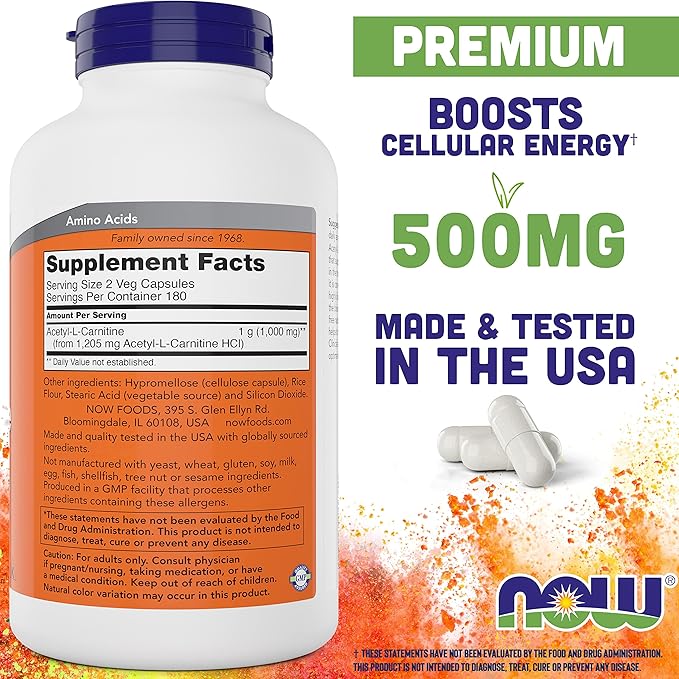 NOW Foods Now Acetyl L Carnitine 500mg, 360 Veg Caps (Pack of 2) - Non-GMO ACL 500 mg Capsules Supplement for Men and Women