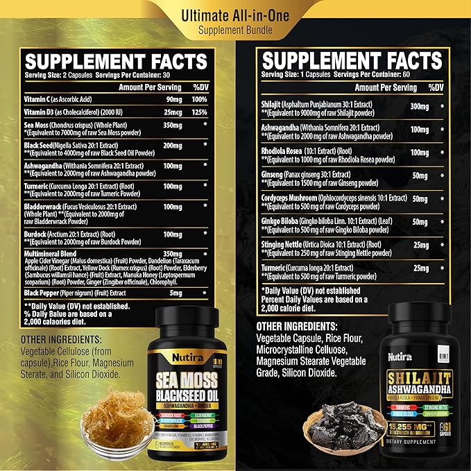 Sea Moss & Shilajit Multivitamin Bundle - Sea Moss 7000mg, Shilajit 9000mg, Black Seed Oil 4000mg, Ashwagandha 2000mg, Ginger & Rhodiola Rosea 1000mg, All in 1 Supplements (60 Count) (1 Pack)