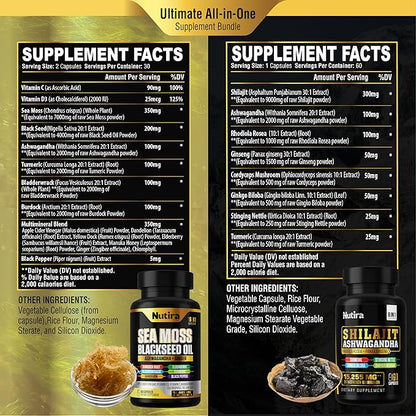 Sea Moss & Shilajit Multivitamin Bundle - Sea Moss 7000mg, Shilajit 9000mg, Black Seed Oil 4000mg, Ashwagandha 2000mg, Ginger & Rhodiola Rosea 1000mg, All in 1 Supplements (60 Count) (1 Pack)