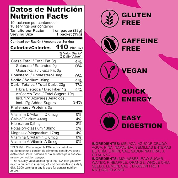 MOUK Energy Workout & Sports Nutrition Energy Gel - Dragon Fruit Flavor All Natural with Whole Chia Seeds | Easy Digestion, Vegan, Gluten Free, Essential Electrolyte | 1.38 Ounce (Pack of 10)