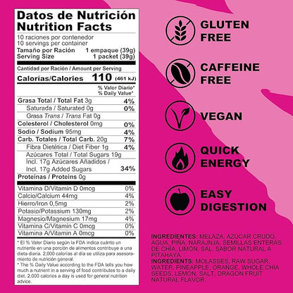 MOUK Energy Workout & Sports Nutrition Energy Gel - Dragon Fruit Flavor All Natural with Whole Chia Seeds | Easy Digestion, Vegan, Gluten Free, Essential Electrolyte | 1.38 Ounce (Pack of 10)