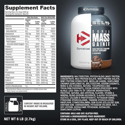 Dymatize Super Mass Gainer Protein Powder, 1280 Calories & 52g Protein, 10.7g BCAAs, Mixes Easily, Tastes Delicious, Rich Chocolate, 6 lbs