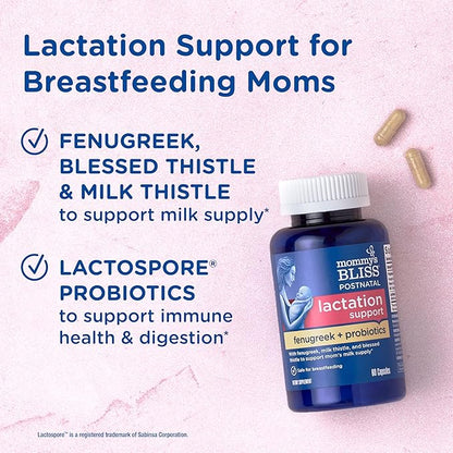 Mommy's Bliss Postnatal Lactation Support Supplement with Probiotics: Support Breastfeeding Milk Supply with Fenugreek, Blessed & Milk Thistle, Postpartum Immune Health While Nursing (60 Servings)