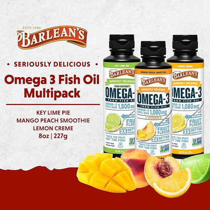 Barlean's Omega 3 Fish Oil Liquid Supplement Pack of 3, EPA and DHA Fatty Acid, Smoothie Flavored for Brain, Joint, and Heart Health, Includes Key Lime Pie, Lemon Crème and Mango Peach Flavors, 8 oz
