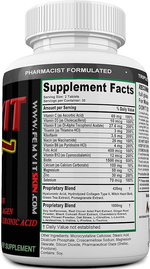 FEMVIT Skin Multivitamin, Multi-Minerals & Herbal Extracts for Younger Skin. Anti Aging, Anti Wrinkle with Collagen, Hyaluronic Acid and Biotin. 60 Tablets (Not a Cream)