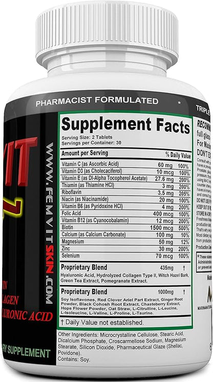 FEMVIT Skin Multivitamin, Multi-Minerals & Herbal Extracts for Younger Skin. Anti Aging, Anti Wrinkle with Collagen, Hyaluronic Acid and Biotin. 60 Tablets (Not a Cream)