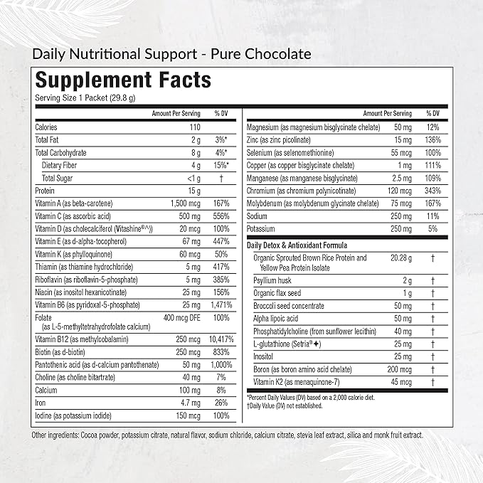 Equilife - Daily Nutritional Support, Organic and Plant Based Protein Powder, All-in-one Multivitamin, Boost Energy and Mood, Gut-Cleansing Aid and Skin Health (Pure Chocolate,14 Servings Packets)
