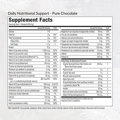 Equilife - Daily Nutritional Support, Organic and Plant Based Protein Powder, All-in-one Multivitamin, Boost Energy and Mood, Gut-Cleansing Aid and Skin Health (Pure Chocolate,14 Servings Packets)