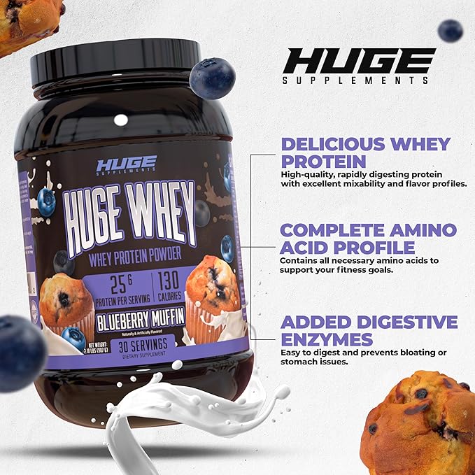 Huge Whey, Protein Powder for Muscle Gain, 25g Protein, 12g EAAs, Supports Muscle Growth, Performance & Recovery (Blueberry Muffin, 30 Servings)