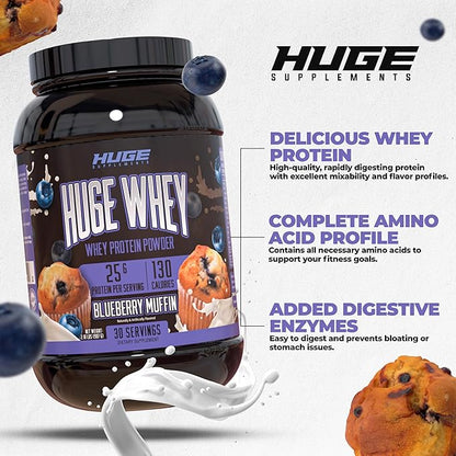 Huge Whey, Protein Powder for Muscle Gain, 25g Protein, 12g EAAs, Supports Muscle Growth, Performance & Recovery (Blueberry Muffin, 30 Servings)
