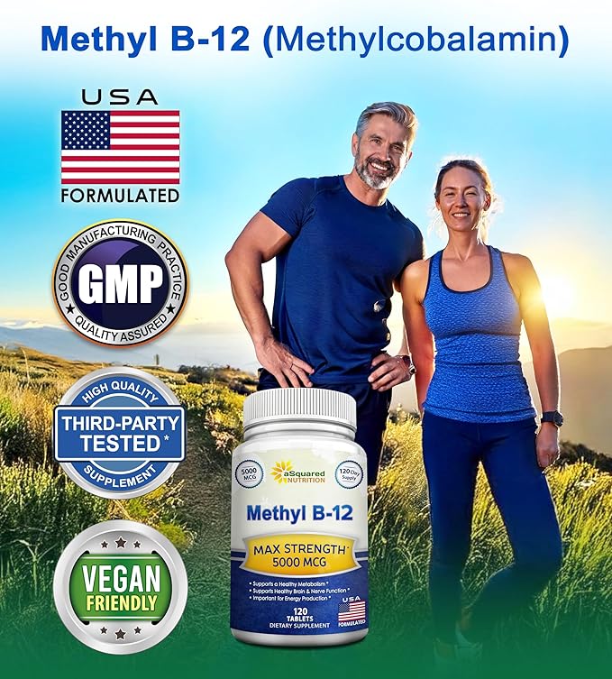 aSquared Nutrition Vitamin B12-5000 MCG Supplement with Methylcobalamin (Methyl B-12) - Max Strength Vitamin B 12 Support to Help Boost Natural Energy, Benefit Brain & Heart Function - 120 Tablets