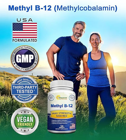 aSquared Nutrition Vitamin B12-5000 MCG Supplement with Methylcobalamin (Methyl B-12) - Max Strength Vitamin B 12 Support to Help Boost Natural Energy, Benefit Brain & Heart Function - 120 Tablets